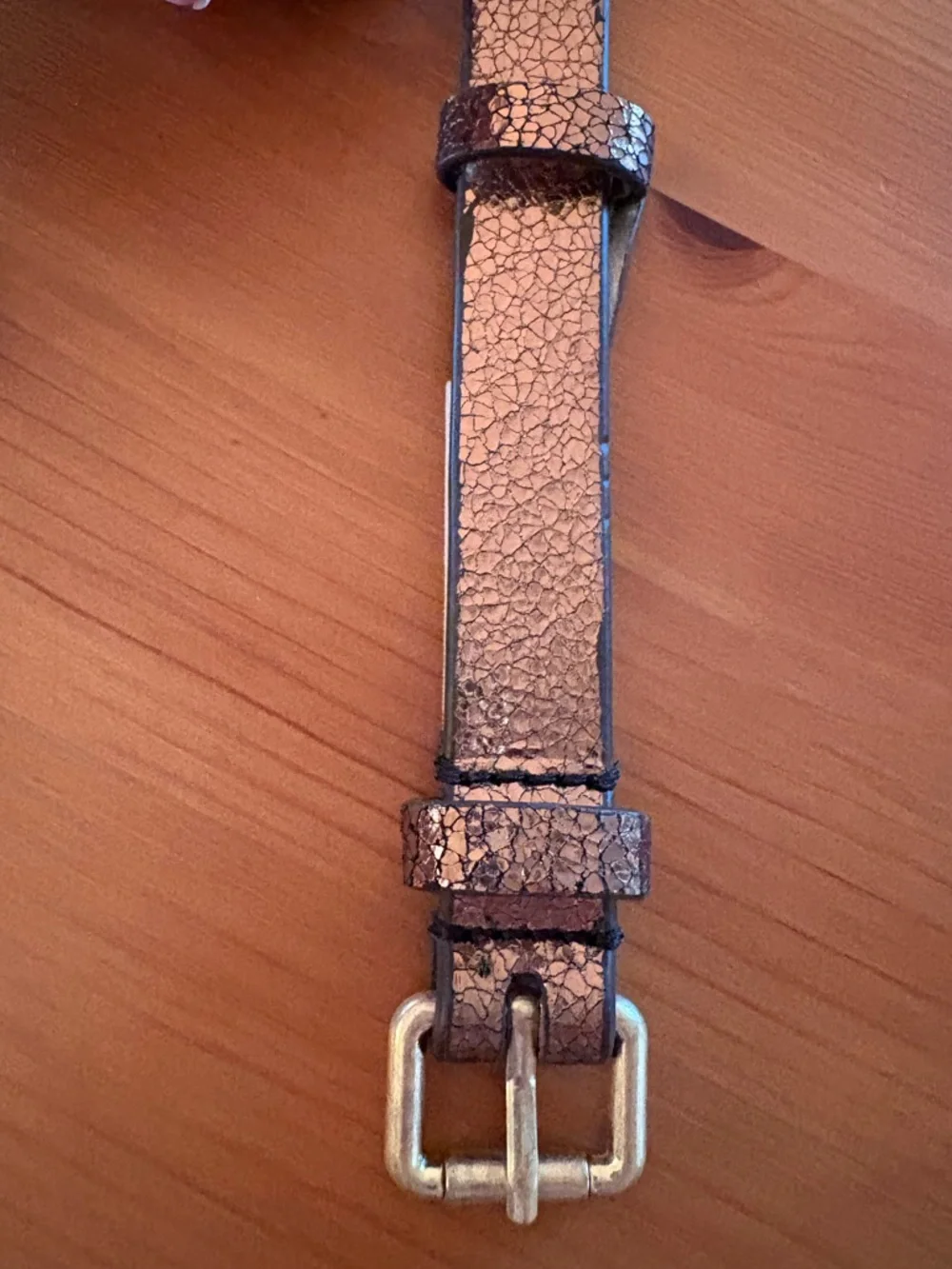 Boden Textured Bronze Leather Metallic Skinny Belt Size L Gold Square Buckle